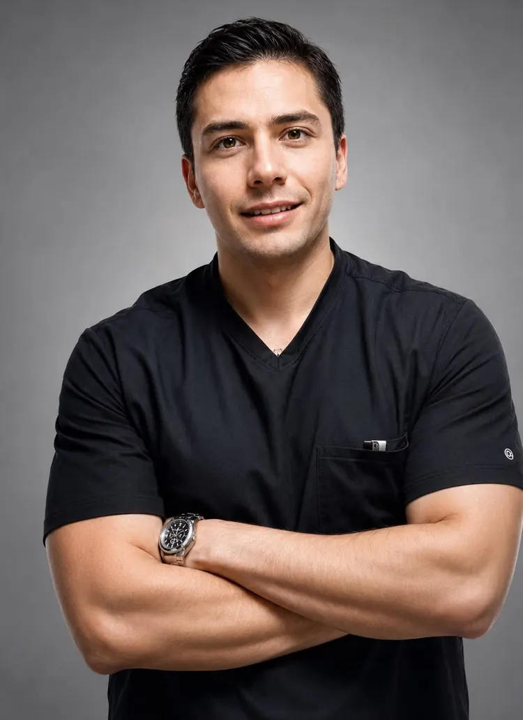 Dr. Sadid Villarreal, cirujano general con formación en cirugía laparoscópica avanzada, con uniforme quirúrgico negro y brazos cruzados